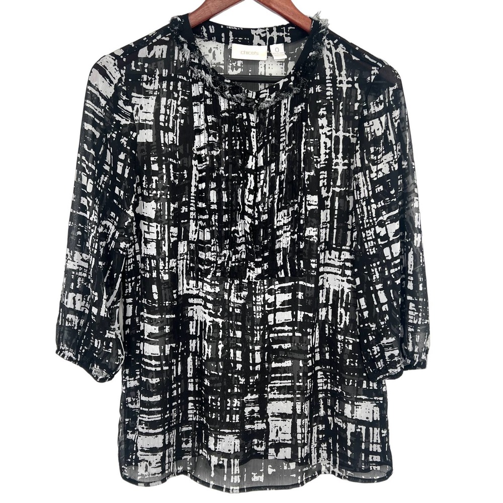 Chico's Womens Size 0 Small Fringe Accent Sheer Accent Blouse Shirt Top Casual